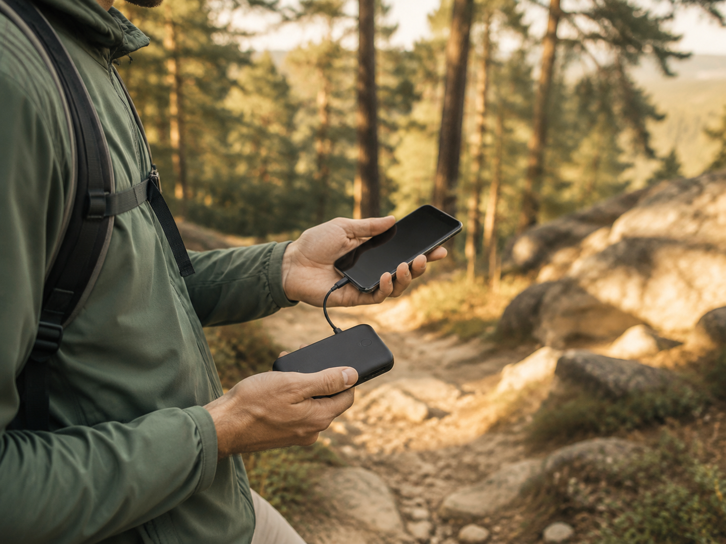 Batterie externe rechargeant un téléphone en forêt