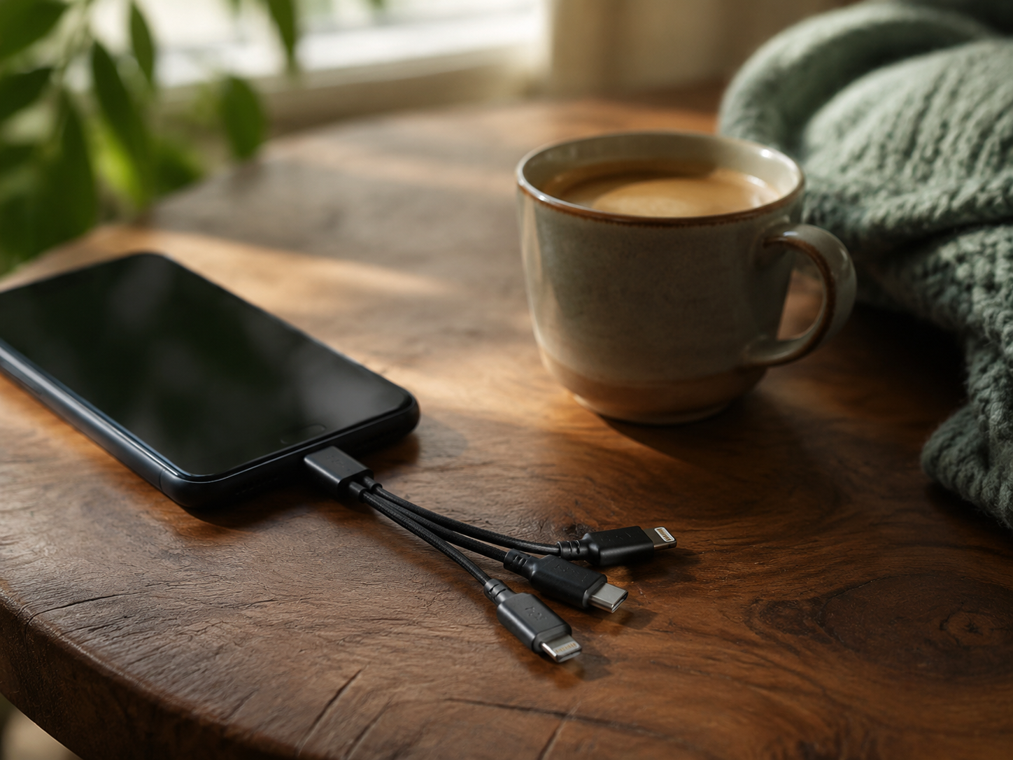 Câble de charge 3 en 1 branché sur un téléphone