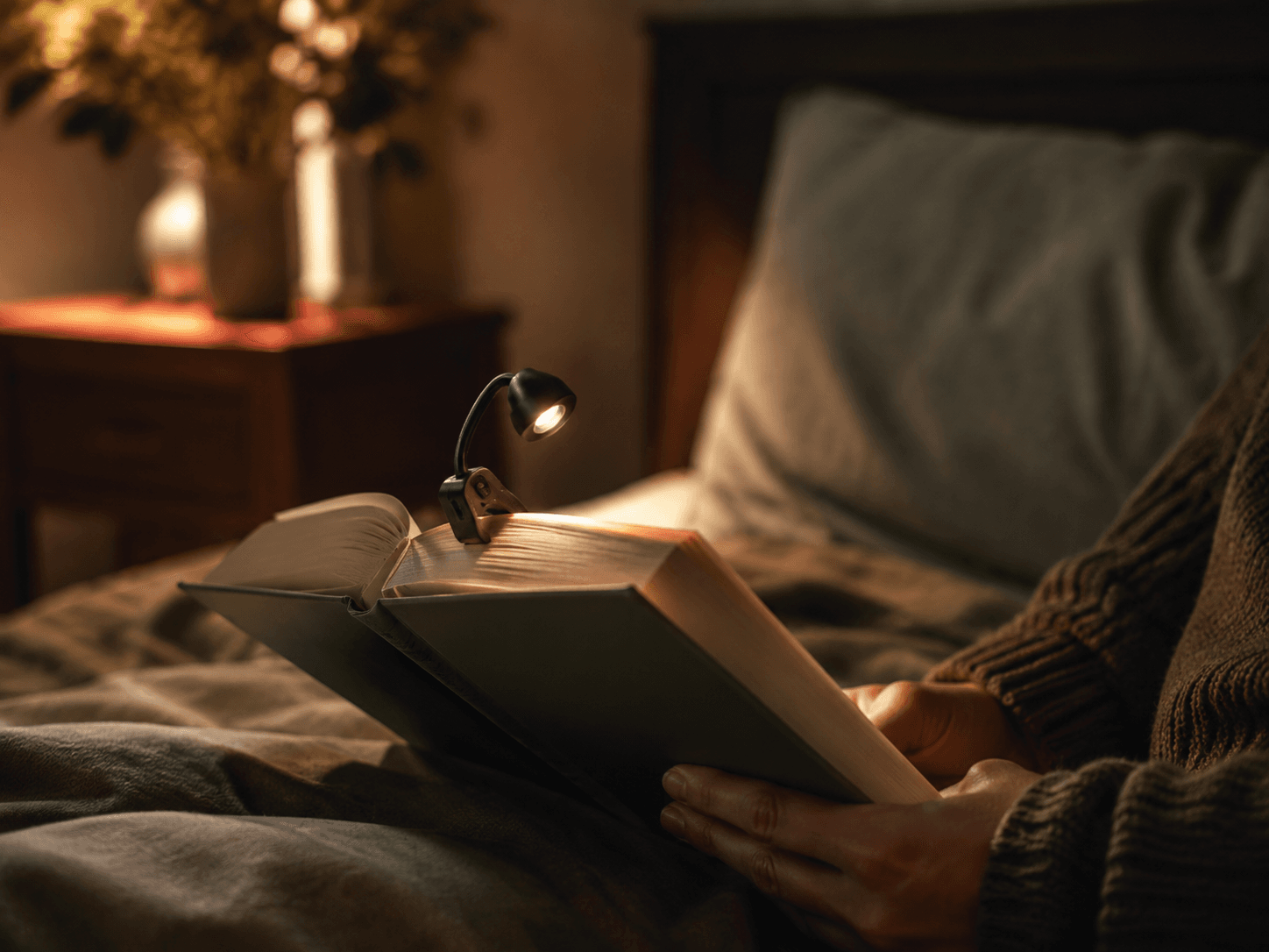 Liseuse à pince éclairant un livre le soir