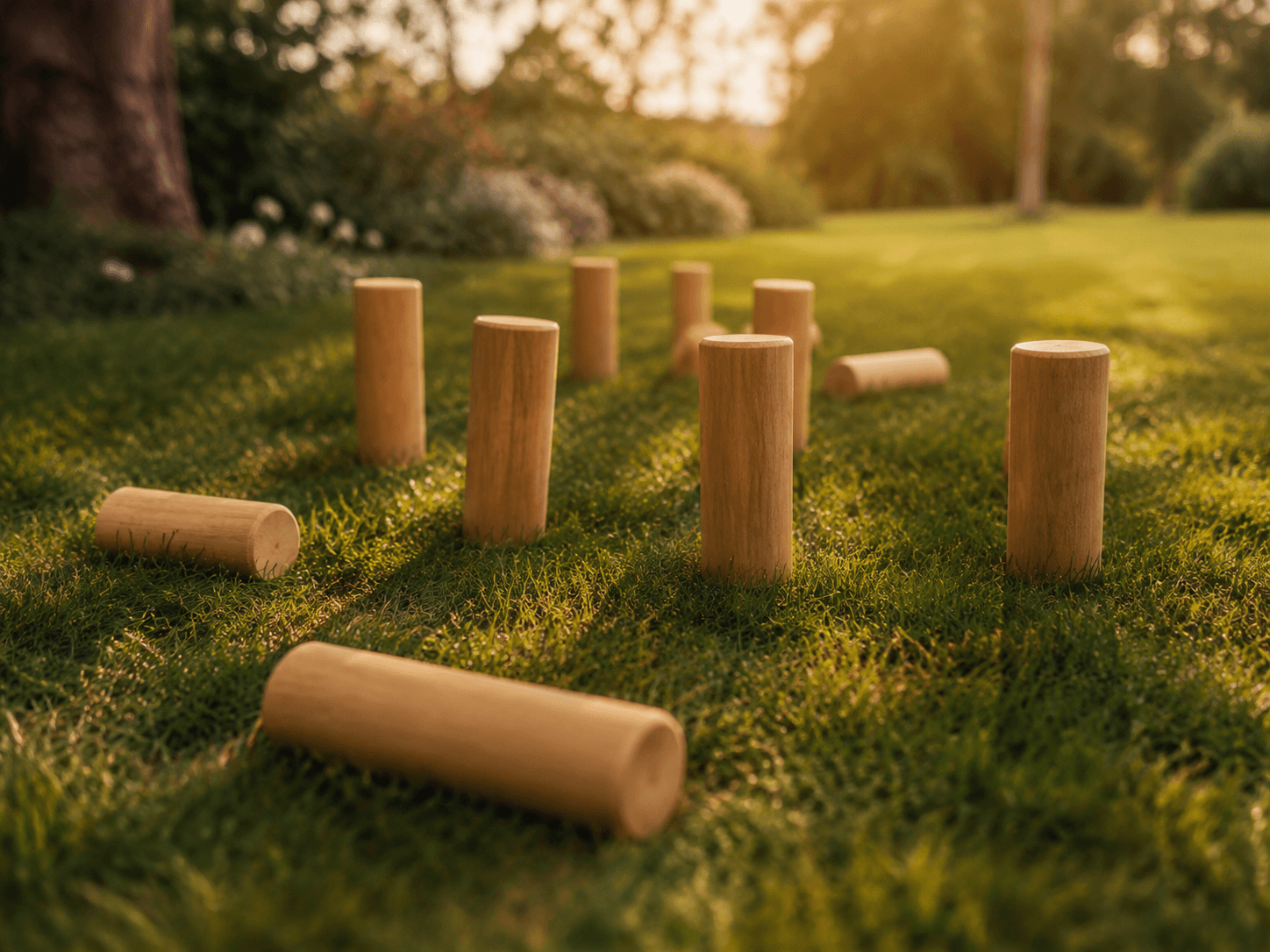 Jeu de Mölkky en bois sur une pelouse