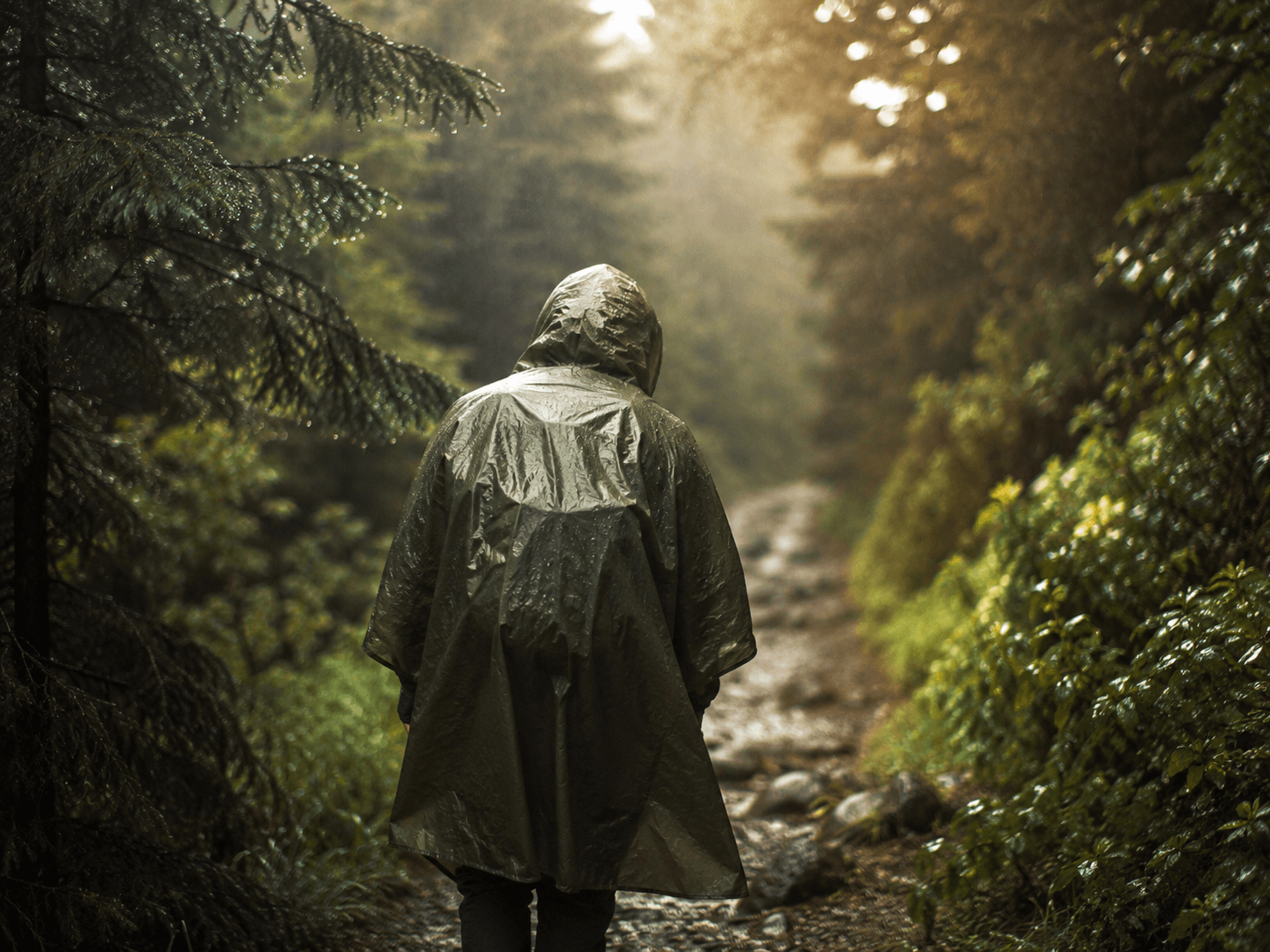 Poncho de pluie en randonnée en sous-bois