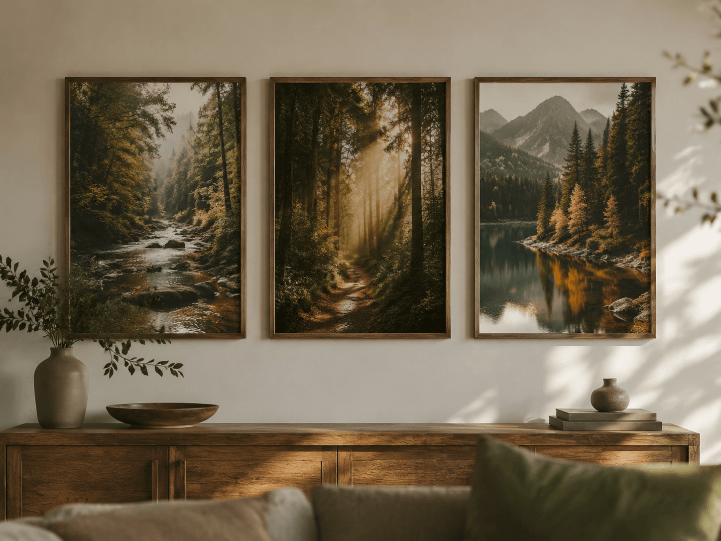 Posters paysages de forêt encadrés sur un mur